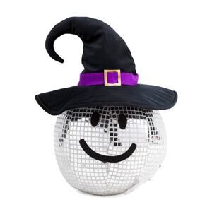 Halloween Disco Ball Smiley Face Witch Pillow 17x12 Silver NEW